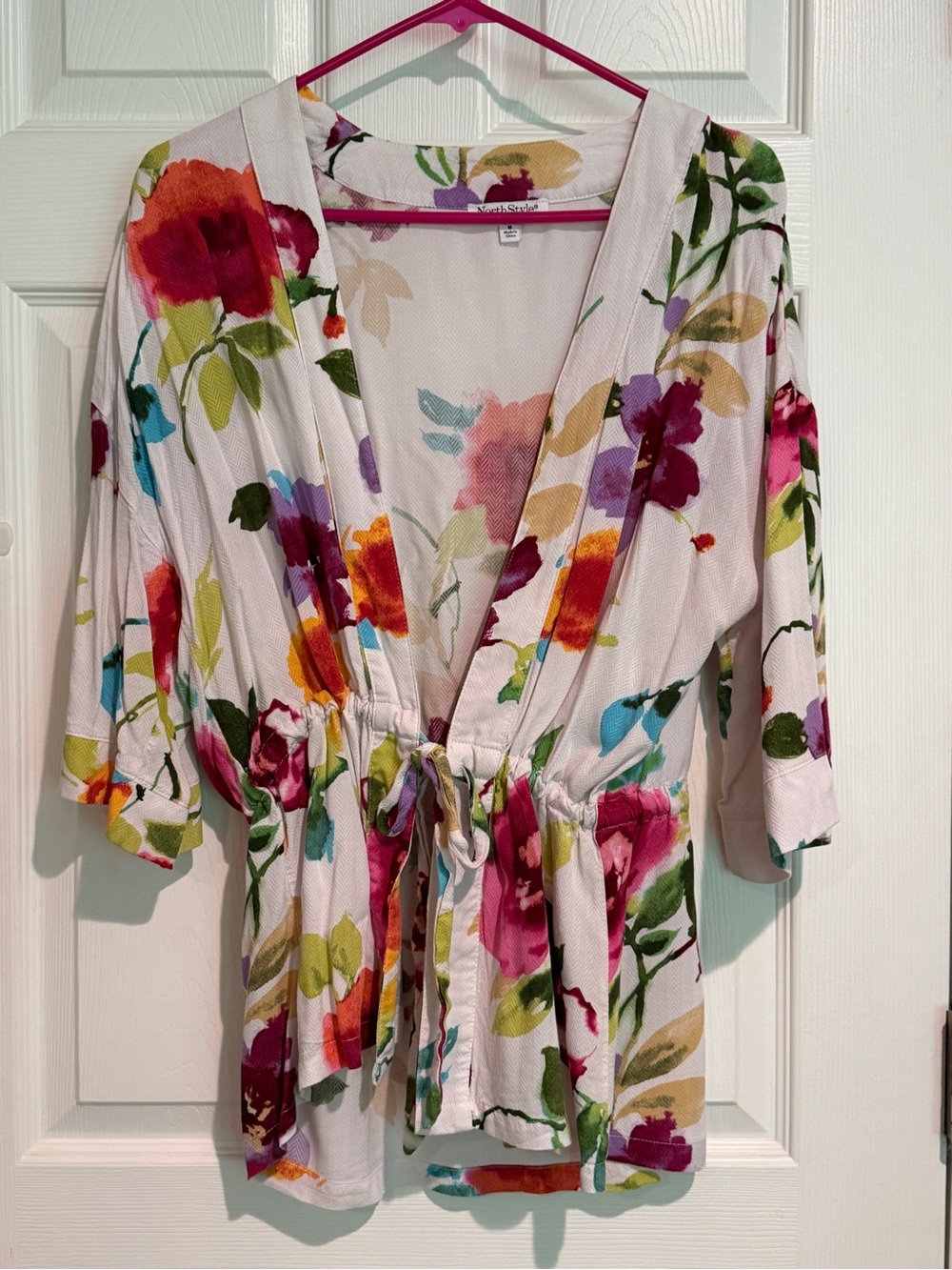 NorthStyle White Floral Tie-Waist Kimono Jacket